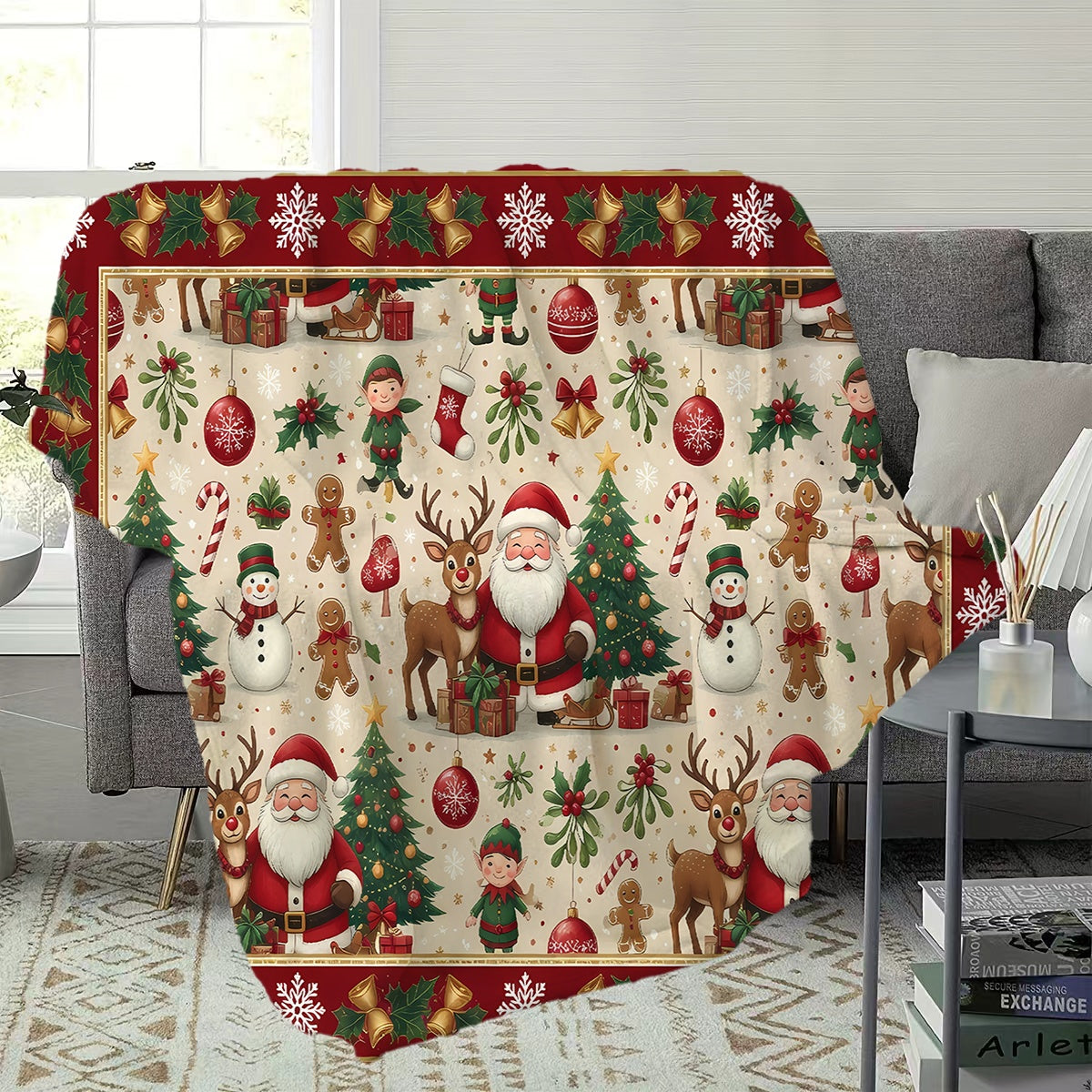 1pc, Santa Claus and Reindeer Pattern Red Themed Flannel Blanket, Soft, Comfortable, and Warm, Classic Holiday Design, Durable Plush Surface, All-Season Universal Sofa Blanket, Warm Cover Blanket, Multiple Sizes Available, Suitable for Living Room