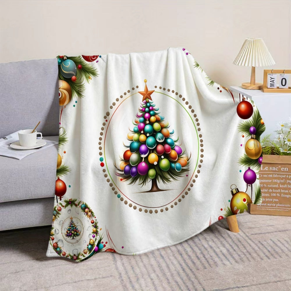1pc, 1 Christmas Tree Patterned White Flannel Blanket, Soft, Comfortable, and Warm, with Colorful Accent Designs, Durable Plush Surface, All-season Sofa Throw, Warm Lap Blanket, Available in Multiple Sizes, Suitable for Living Room Sofas