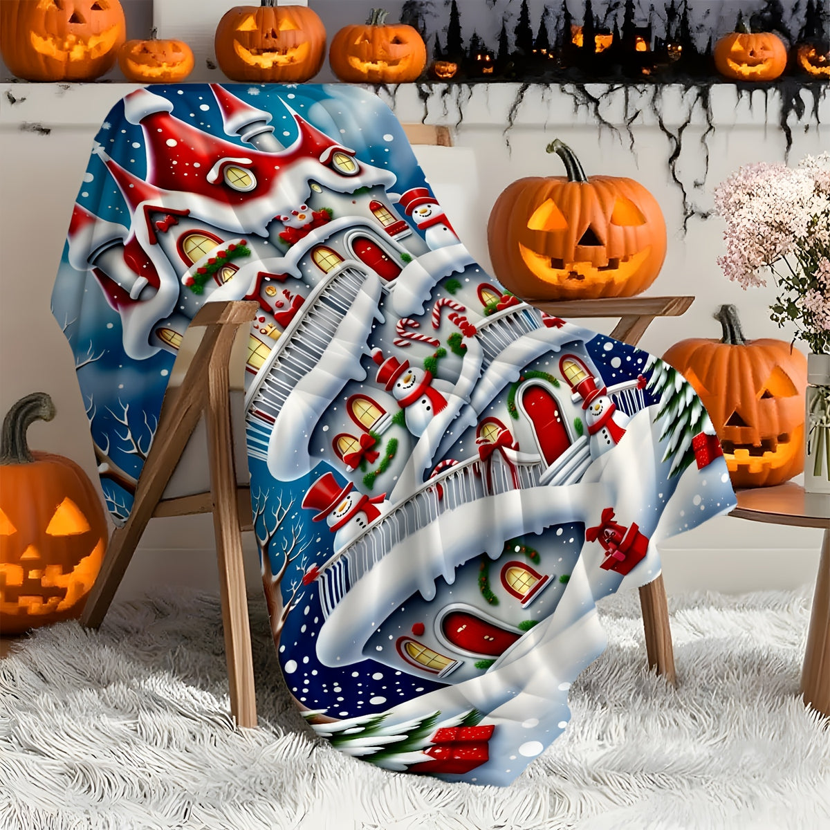 1pc Snowman And Christmas House Pattern Blue Design Flannel Oversized Blanket, Christmas Winter Decor, Suitable for Weekend Sofa Naps, Home Afternoon Rest, Camping Leisure