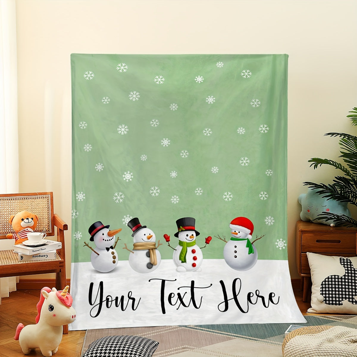 1pc Snowman Family Pattern Green Christmas Themed Flannel Large Blanket, Winter Decorative Design, Oversized Plush Throw Blanket, Suitable for Living Room Sofa Cover, Weekend Leisure Time, RV Travel