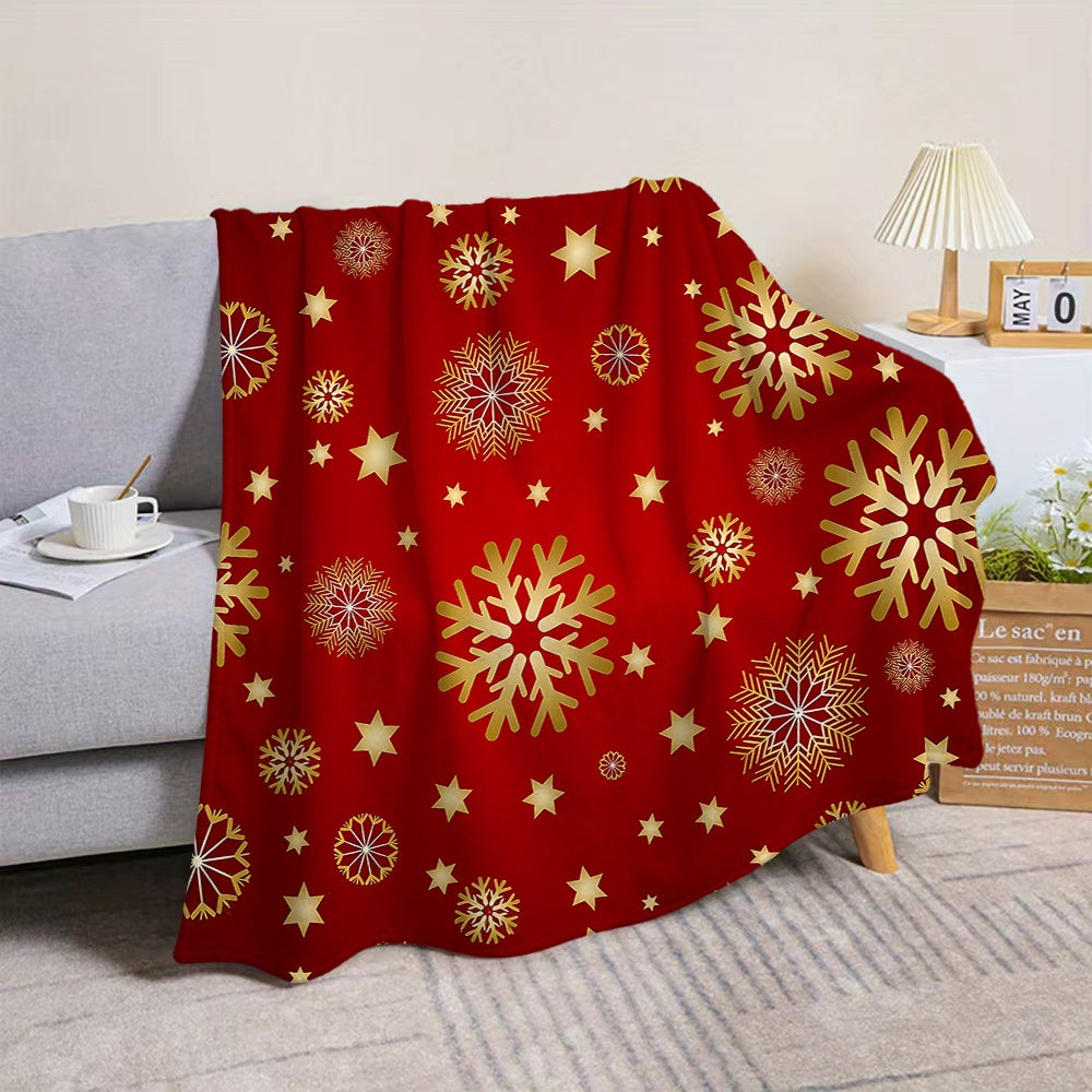 1pc Red and Golden Snowflake and Star Pattern Christmas-themed Flannel Blanket, Soft, Comfortable, and Warm, Designed in a Red Main Color, a Four-season Universal Sofa Throw, a Warm Lap Blanket, Available in Multiple Sizes, Suitable for Living Room