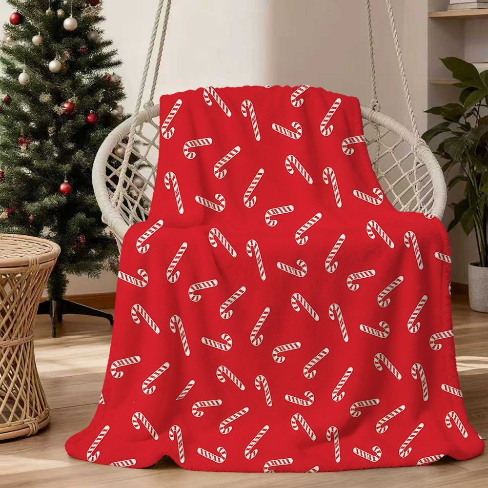 1pc Christmas Candy Cane Pattern Red Flannel Blanket, Soft Comfortable Warm, Festive Design, All-Season Sofa Blanket, Warm Cover, Multiple Sizes Available, Suitable for Living Room Sofa, Bedroom, Casual Reading, Winter Heating, And Holiday Decor