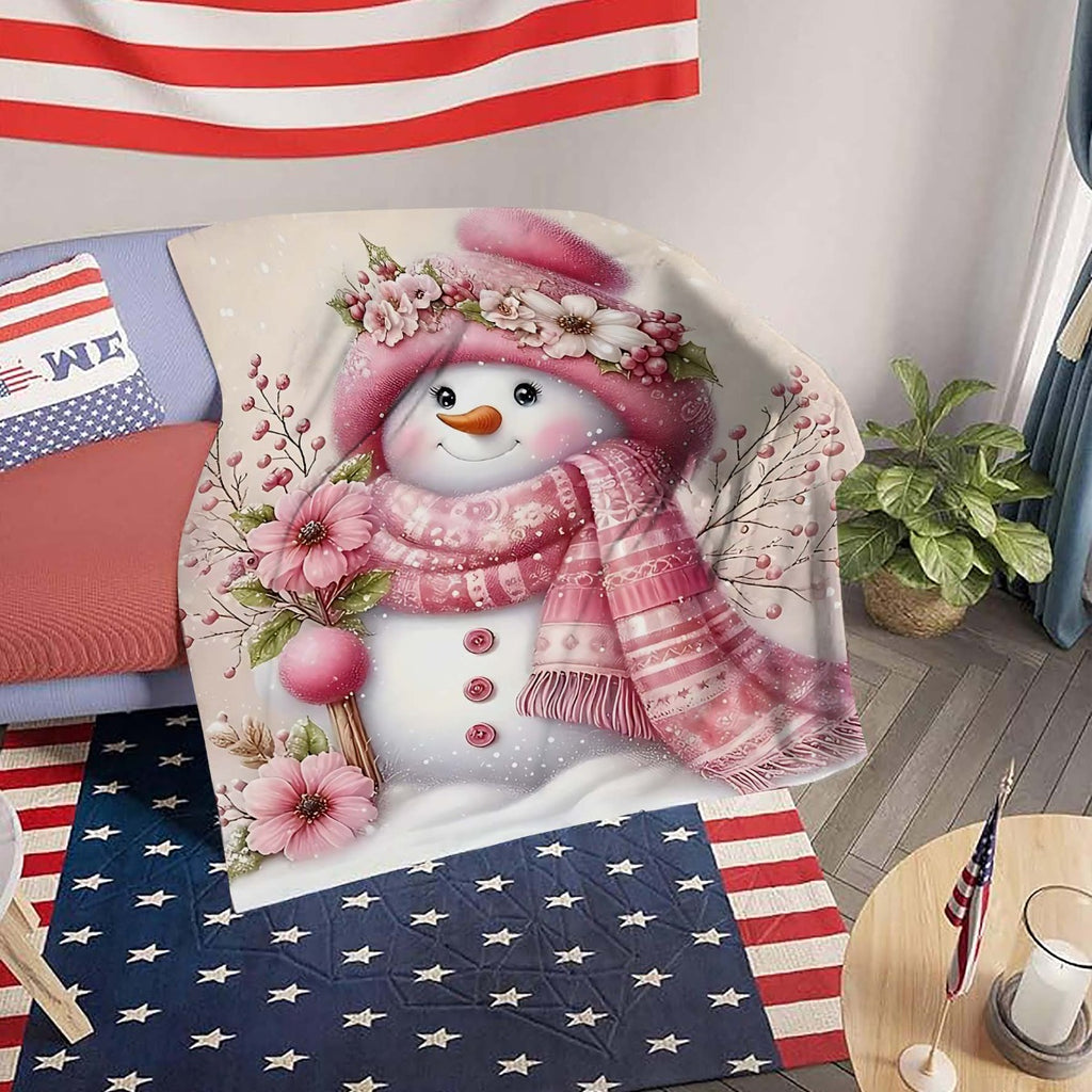1pc 2D Printed Fleece Snow Blanket, Pink Floral And Snowflake Design - Soft, Warm, And Comfortable, Lightweight And Durable, Multiple Sizes Available, Ideal for Christmas, Living Room Leisure, Bedroom Warmth, Holiday Gift, All-Season Versatile Gift