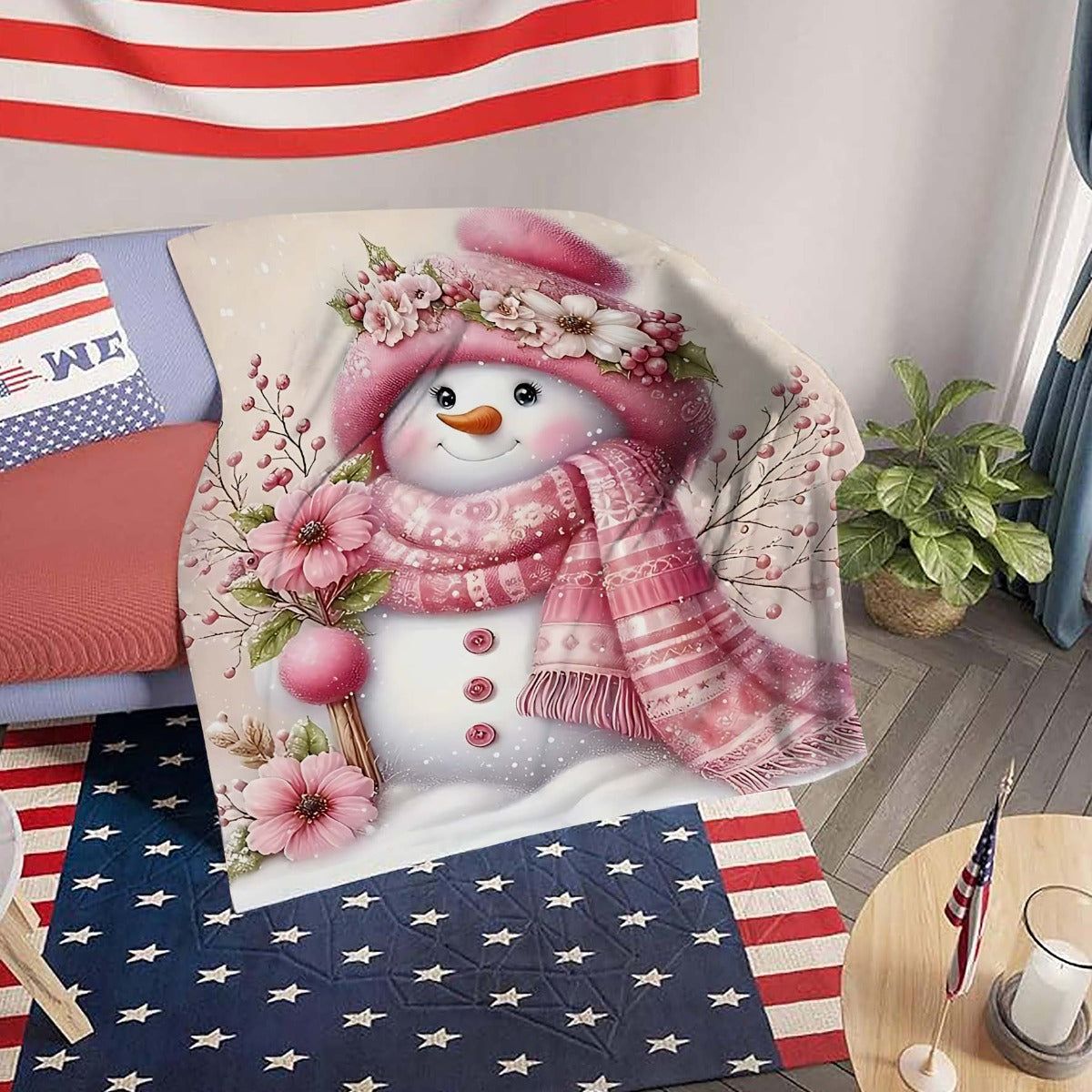 1pc 2D Printed Fleece Snow Blanket, Pink Floral And Snowflake Design - Soft, Warm, And Comfortable, Lightweight And Durable, Multiple Sizes Available, Ideal for Christmas, Living Room Leisure, Bedroom Warmth, Holiday Gift, All-Season Versatile Gift