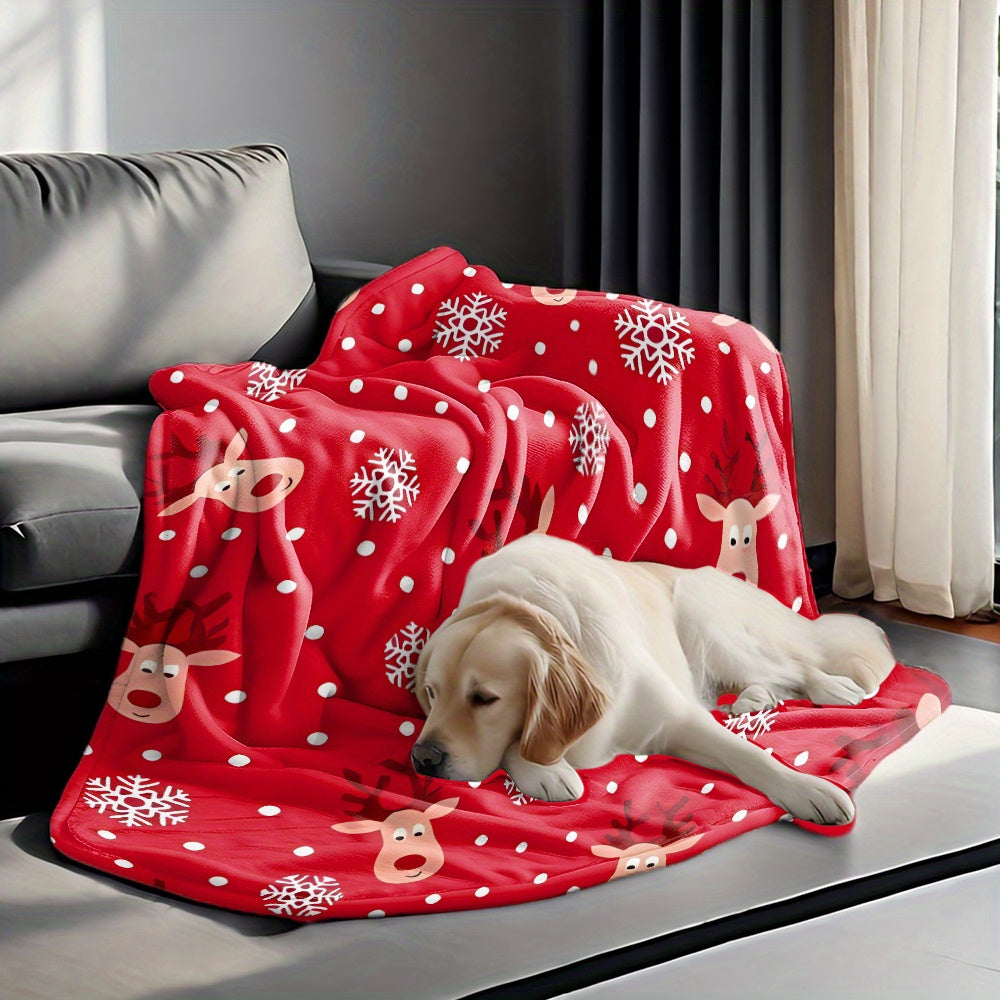 Holiday Reindeer and Snowflake Flannel Blanket - Bright Red with White Dots, Soft and Cozy Christmas Decoration, All-Season Warmth, Perfect Gift for Home and Holidays, Reindeer Christmas Decor, Festive Home Decor, Fun Pattern, High-Quality Fabric