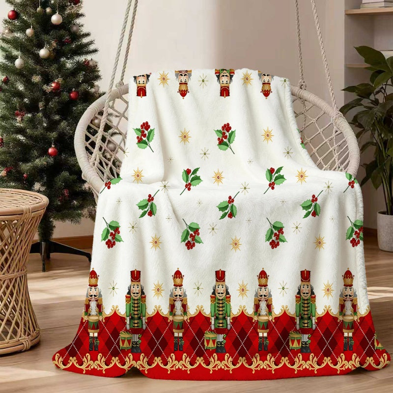 1pc 2D Flat Printing Christmas Nutcracker Blanket, Soft Fleece Blanket - White Background with Red And Green Decor, Multi-Size Available, Suitable for Living Room, Bedroom, Sofa, And Casual Area