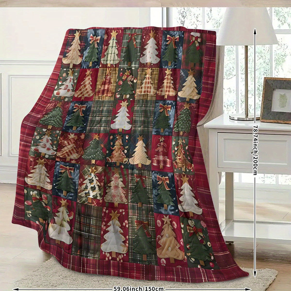 1 Comfortable Patchwork Christmas Digital Printed Flannel Blanket - Soft Four Seasons Machine Washable for Sofas, Tops, Camping and Offices - Plaid and Geometric Holiday Decor - Ideal Gift, Christmas Blanket