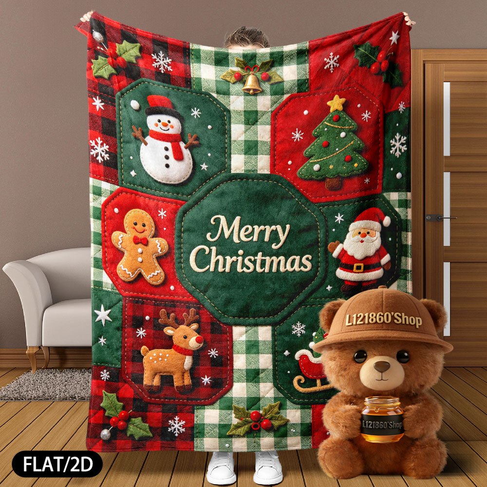 Flat/2D Digital Printing Flannel Blanket Blanket, American Country Style Octagonal Plaid Christmas Snowman Gingerbread for Man Santa Claus Elk Christmas Tree Bell Sleigh Pattern, Soft, Comfortable and Warm Skin-friendly