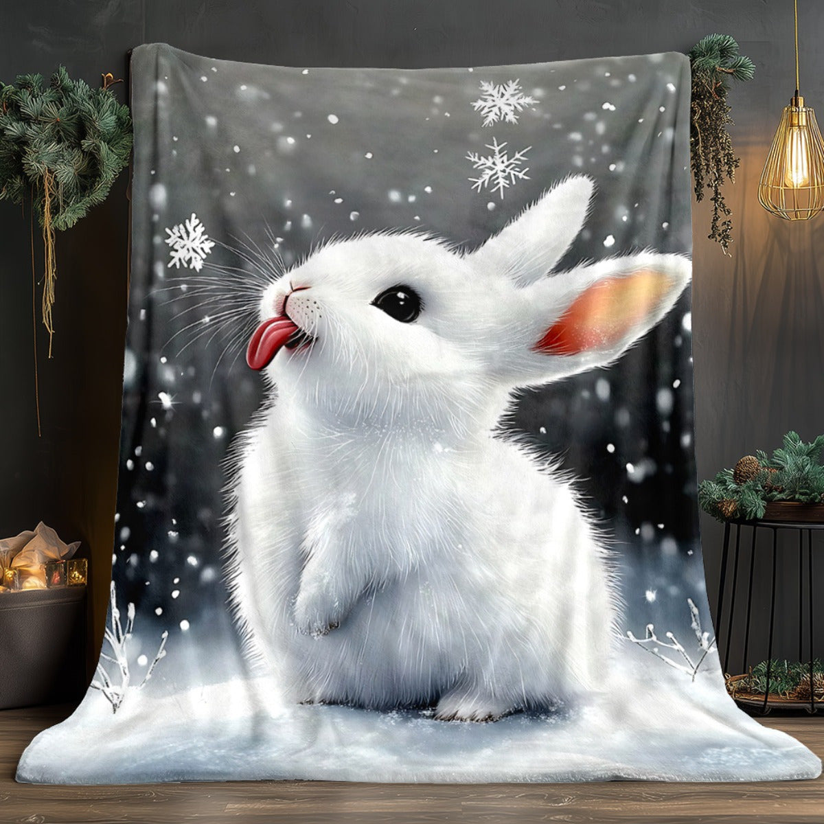 1pc 2D Flat Printed Cute White Rabbit Snow Scene Blanket, Soft Flannel Blanket - Gray Winter Design, Multiple Sizes Available, Suitable for Living Room, Bedroom, Sofa, Balcony, and Courtyard, 2D Flat
