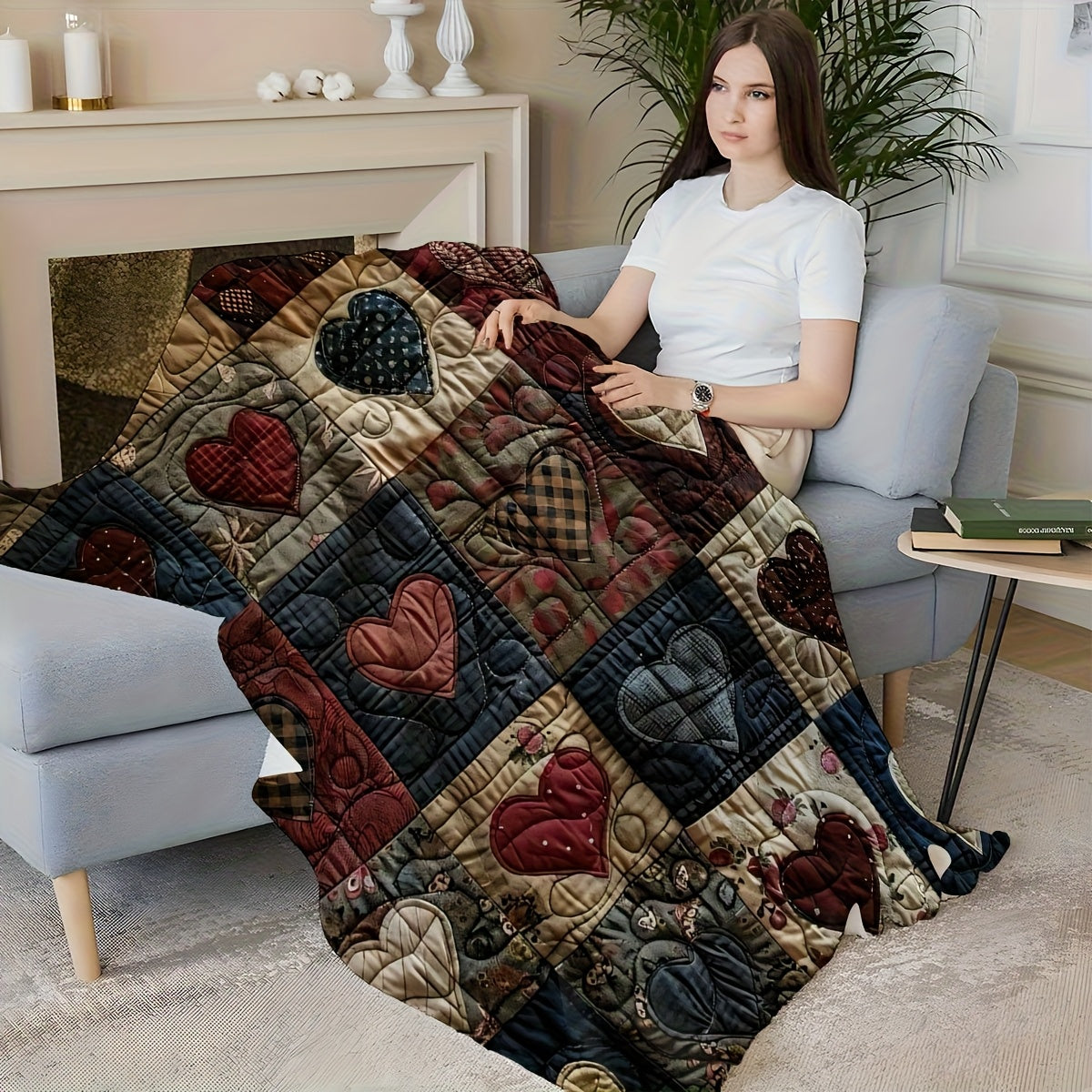 1pc Heart Patchwork Fleece Blanket, Soft Comfortable Warm, Retro Red Black Design, Durable Plush Surface, All-Season Bed Blanket, Warm Cover, Multiple Sizes Available, Suitable for Living Room Sofa, Bedroom Bedding, Casual Reading, Winter Heating