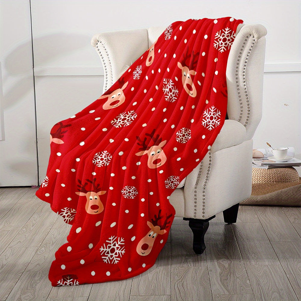 Holiday Reindeer and Snowflake Flannel Blanket - Bright Red with White Dots, Soft and Cozy Christmas Decoration, All-Season Warmth, Perfect Gift for Home and Holidays, Reindeer Christmas Decor, Festive Home Decor, Fun Pattern, High-Quality Fabric