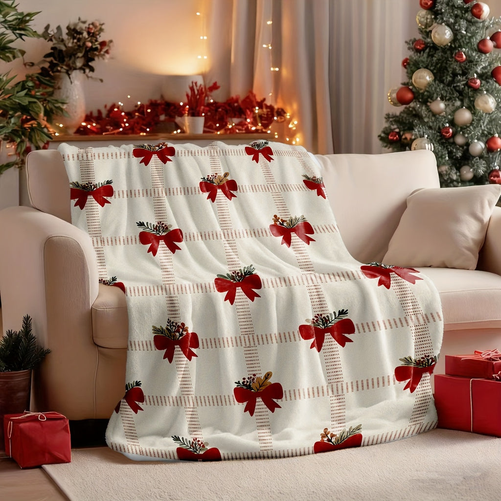 A Christmas-themed Flannel Blanket, Decorated with Bows, Soft Plush and Comfortable Flannel Blanket, Suitable for Sofas, Casual, Ideal Gift for Adults and Wives