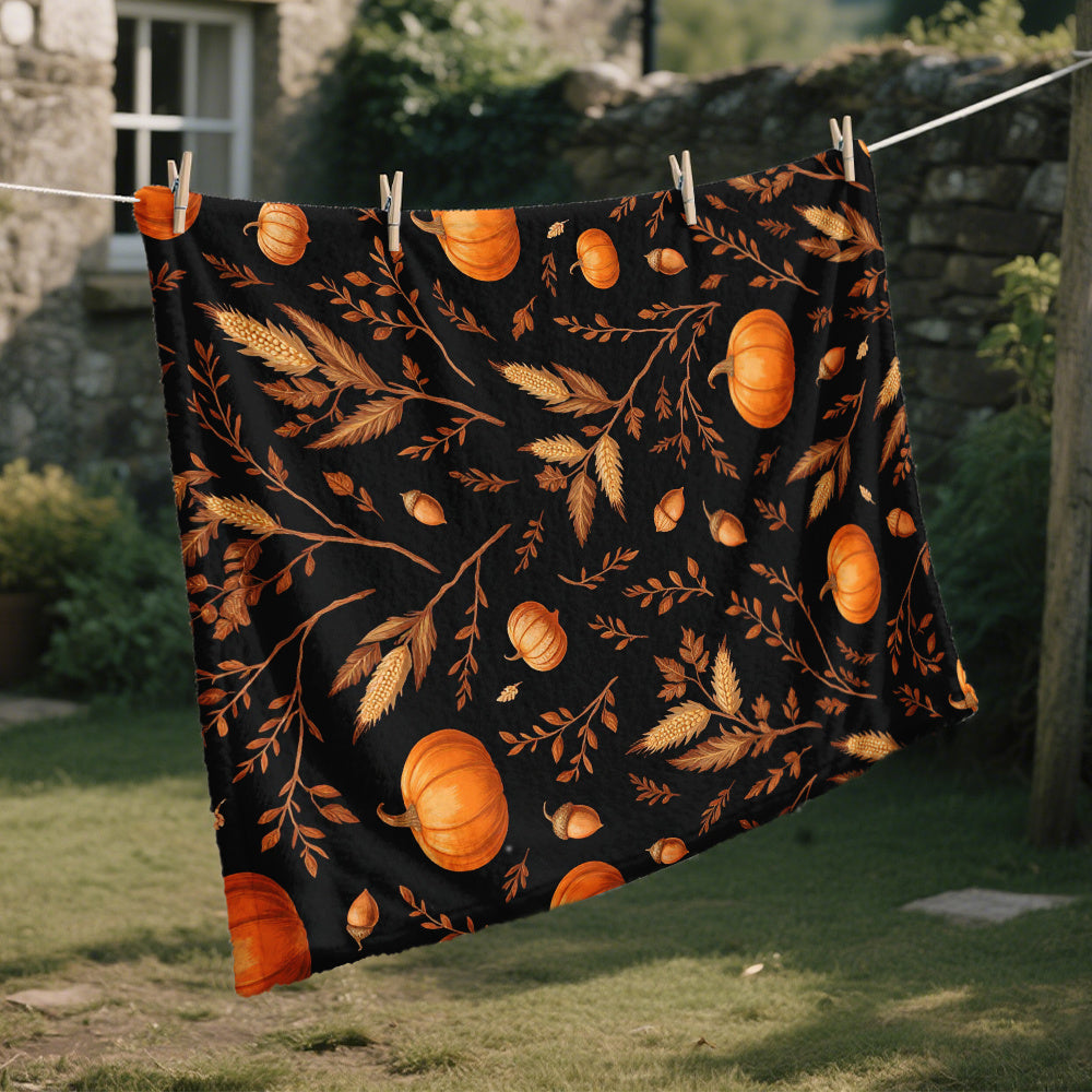 1pc Autumn Pumpkin and Wheat Sheaf Pattern Black Flannel Blanket, Soft, Comfortable, and Warm, Vintage Style Design, Durable Plush Surface, All-Season Universal Bed Blanket, Warm Cover Blanket, Multiple Sizes Available, Suitable for Living Room Sofa