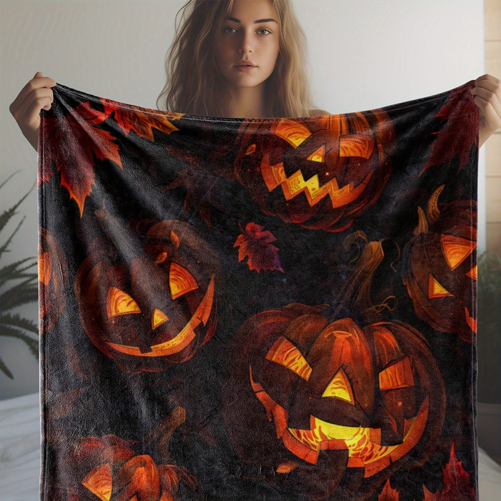1pc 2D Flat Print Halloween Pumpkin and Maple Leaf Blanket, Soft Flannel Throw, Deep Orange, Black, and Red Design, All-season Warm Cover Blanket, Multiple Sizes Available, Suitable for Living Room Sofas, Bedroom, Reading Nooks