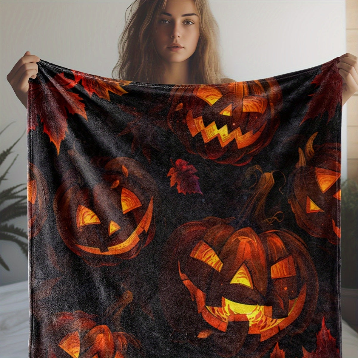 1pc 2D Flat Print Halloween Pumpkin and Maple Leaf Blanket, Soft Flannel Throw, Deep Orange, Black, and Red Design, All-season Warm Cover Blanket, Multiple Sizes Available, Suitable for Living Room Sofas, Bedroom, Reading Nooks