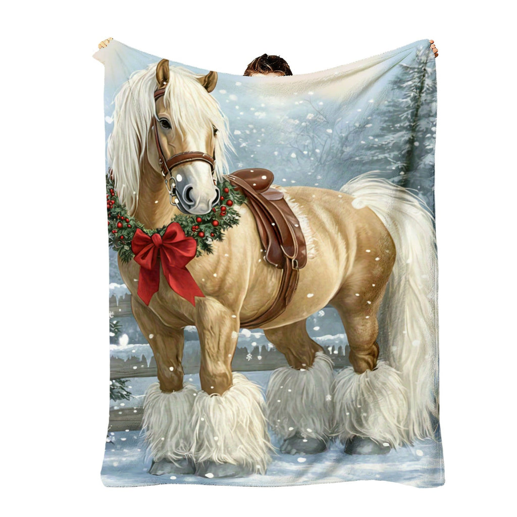 1pc Christmas Reindeer And Red Flower Wreath Theme Flannel Oversized Blanket, Beige Holiday Design, Large Throw Blanket, Winter Decor, Durable Plush, All-Season Use, Suitable for Bedroom Bedding, Weekend Sofa Naps, Living Room Sofa Cover