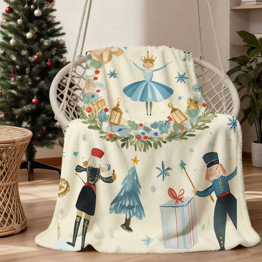 Christmas Ballet and Soldier Themed Flannel Blanket, Soft, Comfortable, and Warm, Cream-colored Design, Durable Plush Surface, All-season Universal Sofa Throw, Warm Lap Blanket, Multiple Sizes Available, Suitable for Living Room Sofas, Bedroom