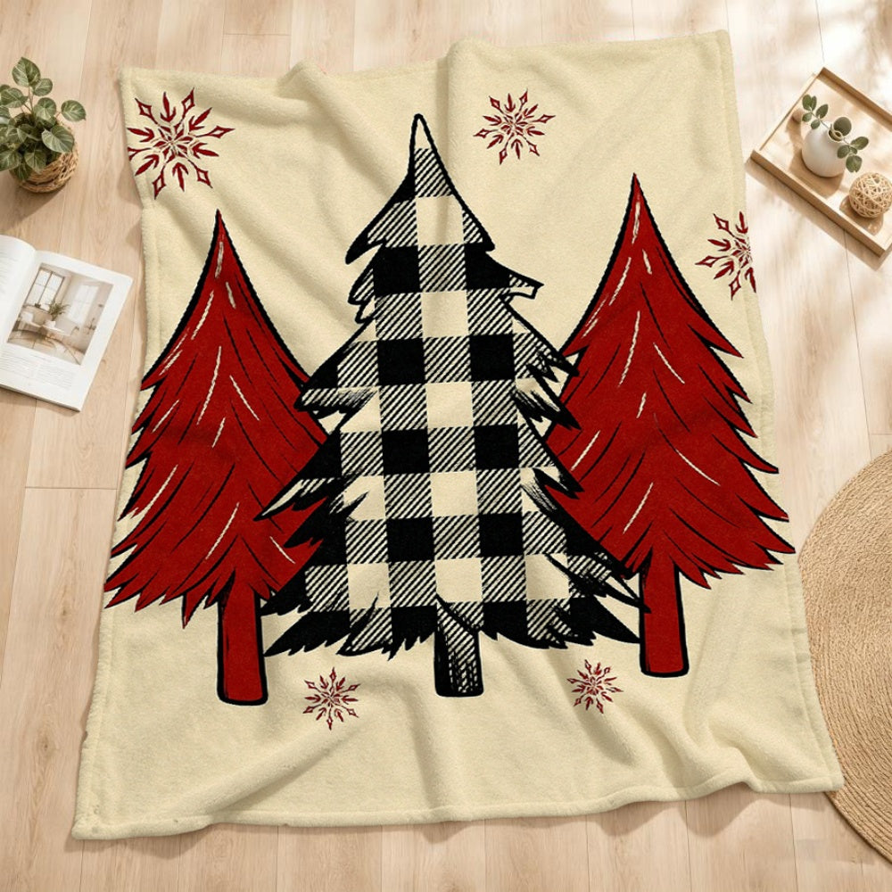 1pc of Christmas Red and Black Plaid with Snowflake Pattern Cream Beige Flannel Blanket, Featuring a Festive and Cozy Design, Soft Plush Surface for All Seasons, Suitable for Reading Time, Dorm Life, and Weekend Naps on the Sofa