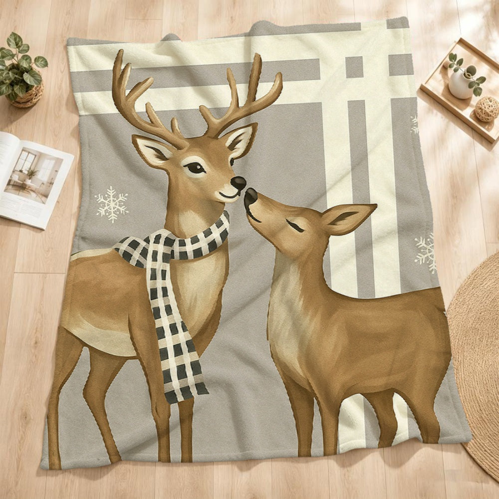 1pc of Christmas Reindeer Scarf-pattern Cream Beige Flannel Blanket, Featuring a Festive and Cozy Design. Soft Plush Surface, Suitable for All Seasons. Ideal for Reading Time, Weekend Naps on the Sofa, and Dorm Life