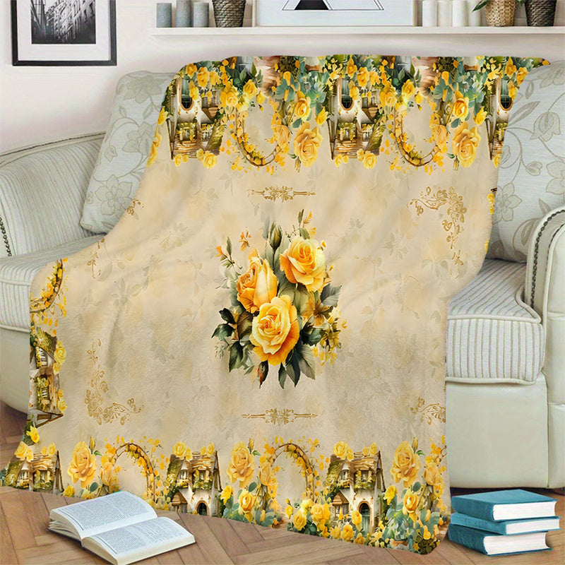 1pc Yellow Rose Pattern Blanket, Vintage Style Design, Soft Plush Surface, Lightweight and Durable Flannel Material, Multiple Sizes Available, Perfect for Holiday Decor, Living Room Lounging, Bedroom Warmth, Study Reading, Seasonal Home Decor