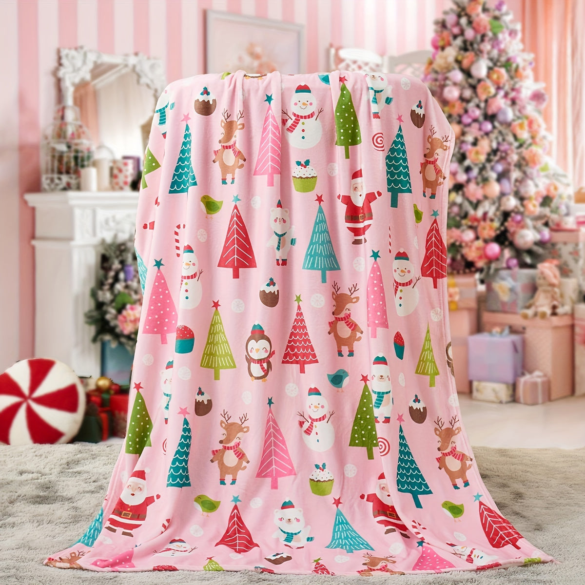 1pc, Santa Claus and Snowman Pattern Pink Flannel Blanket, Soft, Comfortable, and Warm, Cute Cartoon Design, Durable Plush Surface, All-Season Universal Sofa Blanket, Warm Throw Blanket, Suitable for Living Room, Bedroom, Sofa, Balcony, and Reading