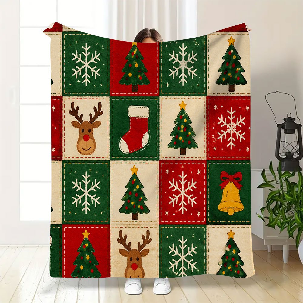 1pc of Large Red Flannel Blanket with Christmas Tree and Reindeer Pattern, Festive and Cozy Design, Oversized Throw Blanket, Winter Decoration, Durable Plush Surface, Suitable for All Seasons, Ideal for Dorm Life, RV Travel, and Camping Leisure