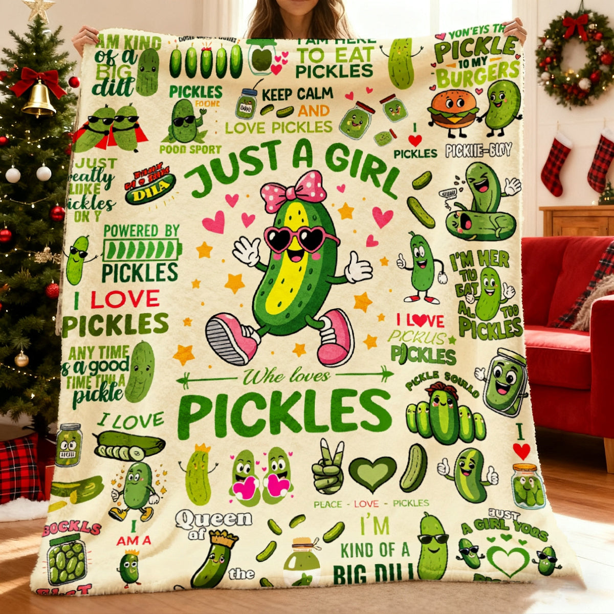 JOOCAR Pickle Theme Plush Blanket - Soft Flannel Comfortable in All Seasons, Cover, Printed with Cute Pickle Pattern, Cucumber and Dill Pattern, Green and White Color Scheme for Room and Travel - Fun Gifts (Pickle Lovers) 1 Birthday Gift