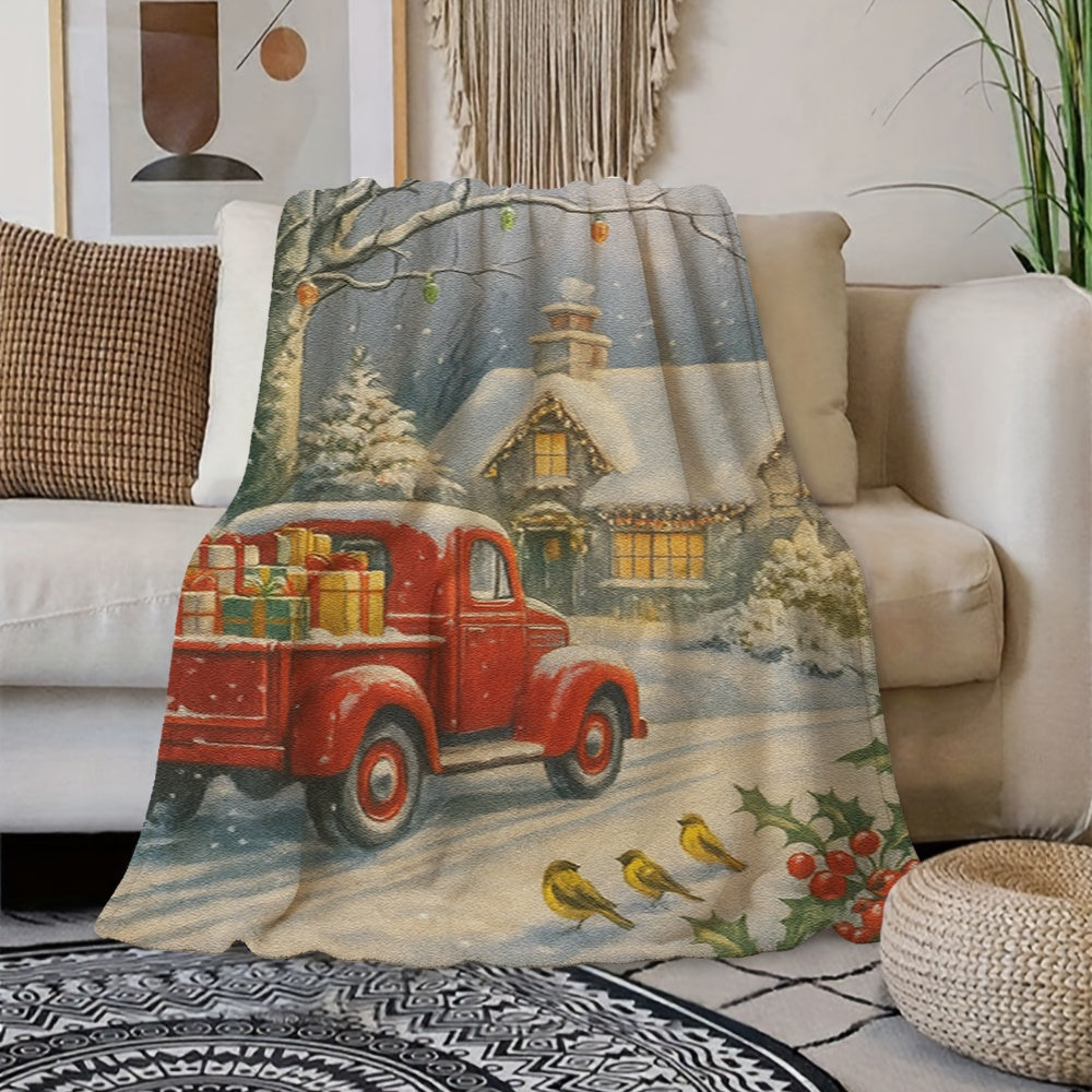 1pc of Christmas Red Truck with Snow Scene Pattern Cream Beige Flannel Blanket, Christmas Winter Body Blanket, Soft Plush for All Seasons, Suitable for Home Naps, Weekend Couch Lounging, and Office Naps