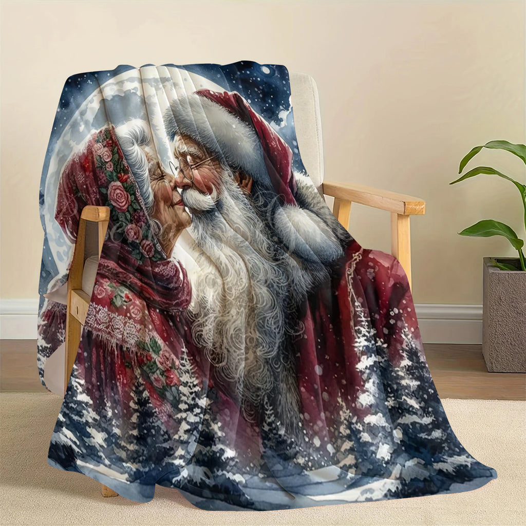 Santa and Mrs. Pattern Digital Printed Flannel Blanket, Soft and Warm Lunch Break Blanket, Suitable for Sofa, Travel, Camping, Living Room, Office, Chair, Four Seasons Available, Multipurpose Blanket
