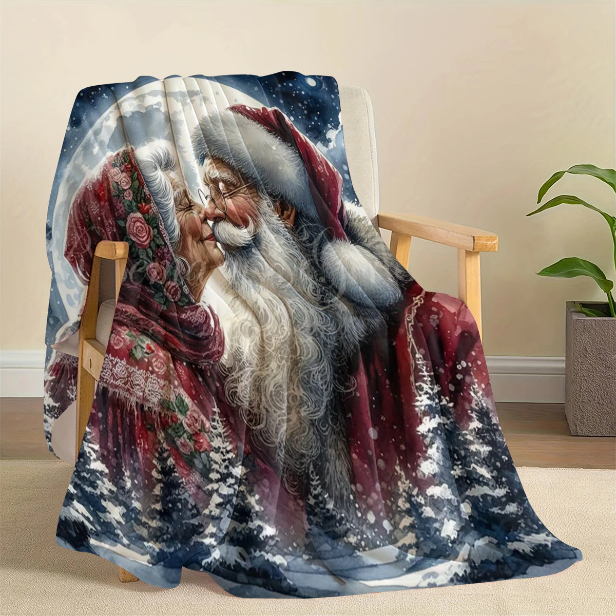 Santa and Mrs. Pattern Digital Printed Flannel Blanket, Soft and Warm Lunch Break Blanket, Suitable for Sofa, Travel, Camping, Living Room, Office, Chair, Four Seasons Available, Multipurpose Blanket