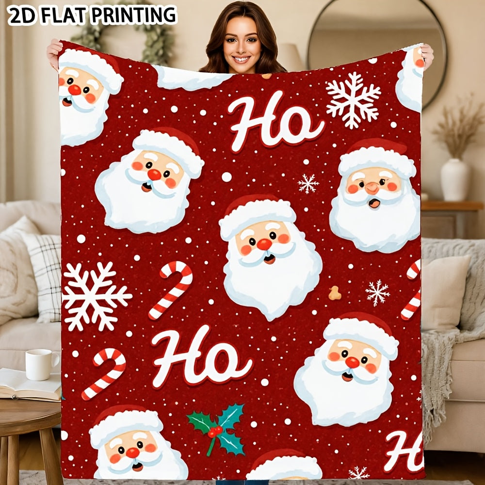 Happy Santa And Snowflake Flannel Blanket - Soft And Warm Christmas Cover for Sofas, Camping, And Travel - Santa And Snowflake Warm Winter Decorative Blanket