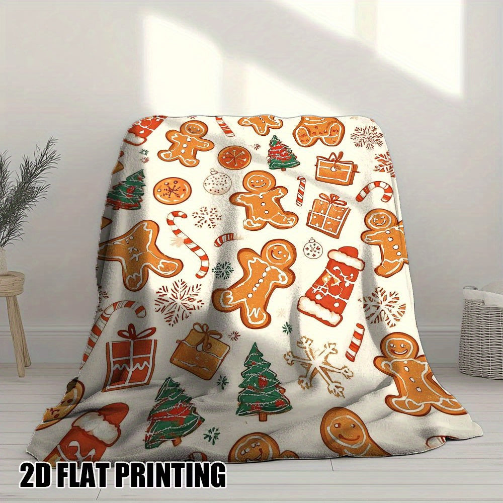 1pc Gingerbread Man And Christmas Candy Theme Beige Flannel Oversized Blanket, Winter Holiday Decor Design, Large Plush Throw Blanket, Suitable for Weekend Sofa Naps, Dorm Life, Festive Home Decoration