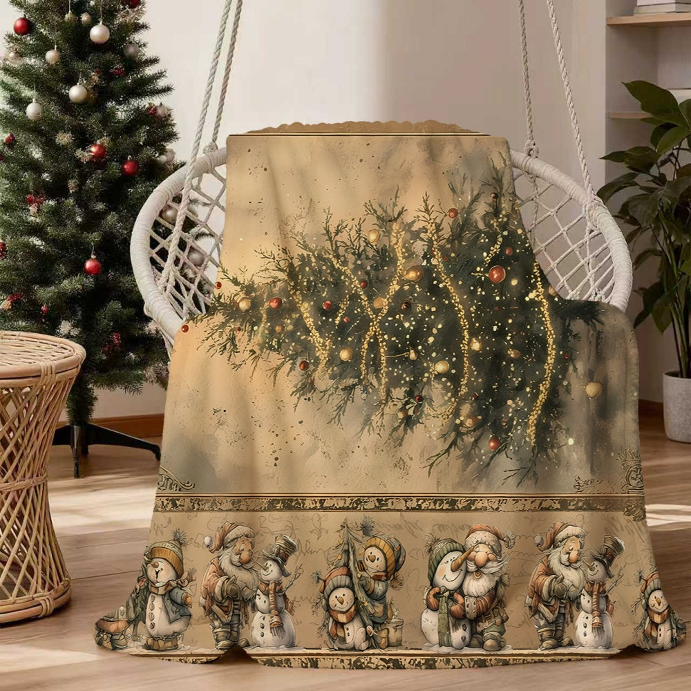 1pc Christmas Tree And Snowman Pattern Flannel Blanket, Soft Comfortable Warm, Beige Retro Design, All-Season Blanket, Warm Cover, Multiple Sizes Available, Suitable for Living Room Sofa, Bedroom, Reading Corner, Leisure Time