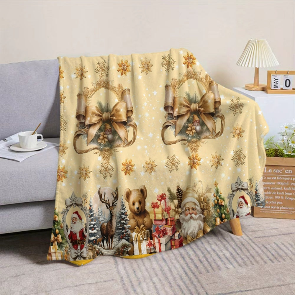 1pc, 1pc Christmas-Themed Golden Snowflake And Reindeer Santa Claus Pattern Flannel Blanket, Soft Comfortable Warm, Beige Design, Durable Plush, All-Season Sofa Blanket, Warm Cover, Multiple Sizes Available, Suitable for Living Room Sofa