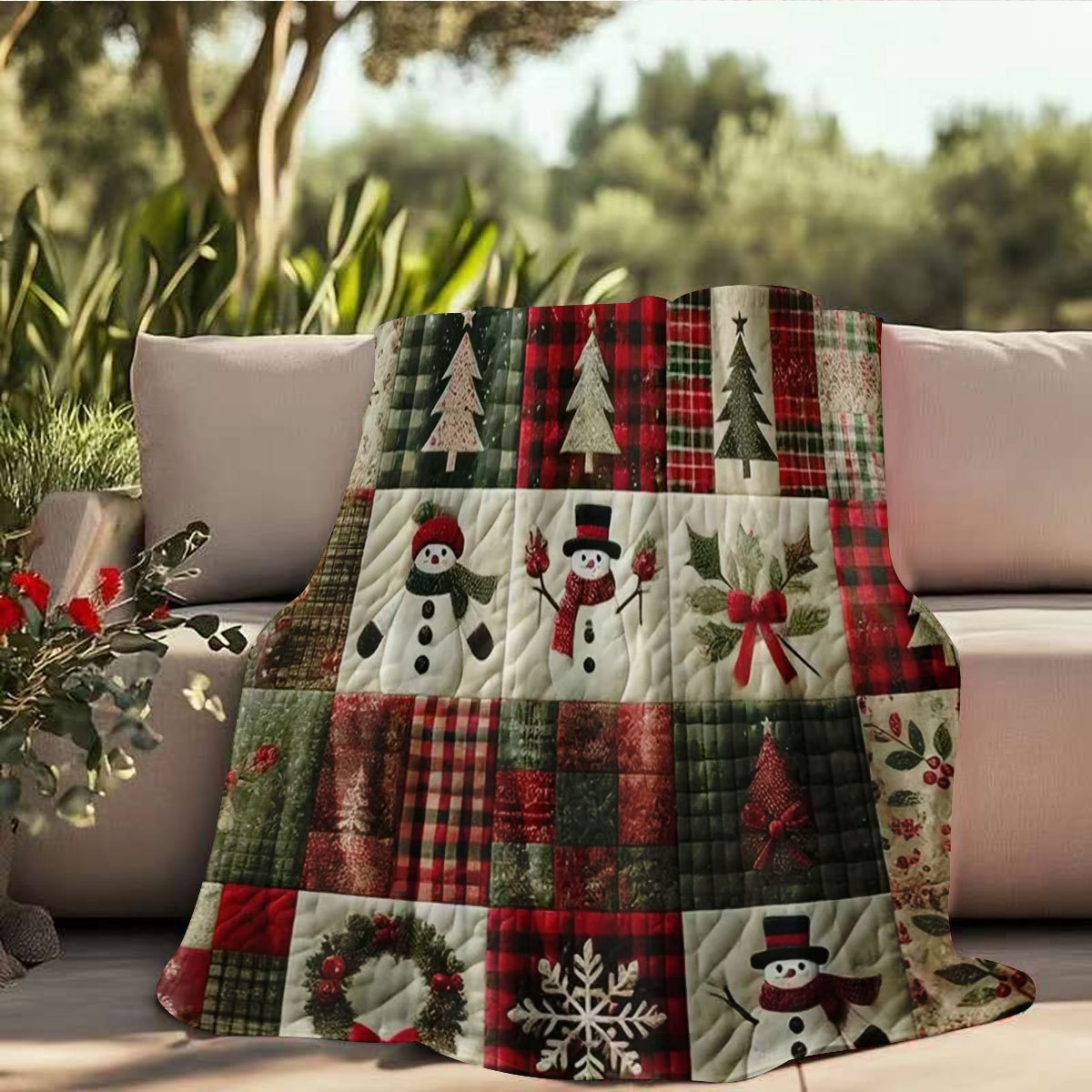 1pc Christmas Theme Quilted Blanket, Snowflake Snowman Christmas Tree Pattern, Red and Green Plaid Patchwork Design, Holiday Decoration Sofa Blanket, Winter Warmth Thickening, Single Nordic Style Home Soft Decoration, New Year's Gift Is Preferred
