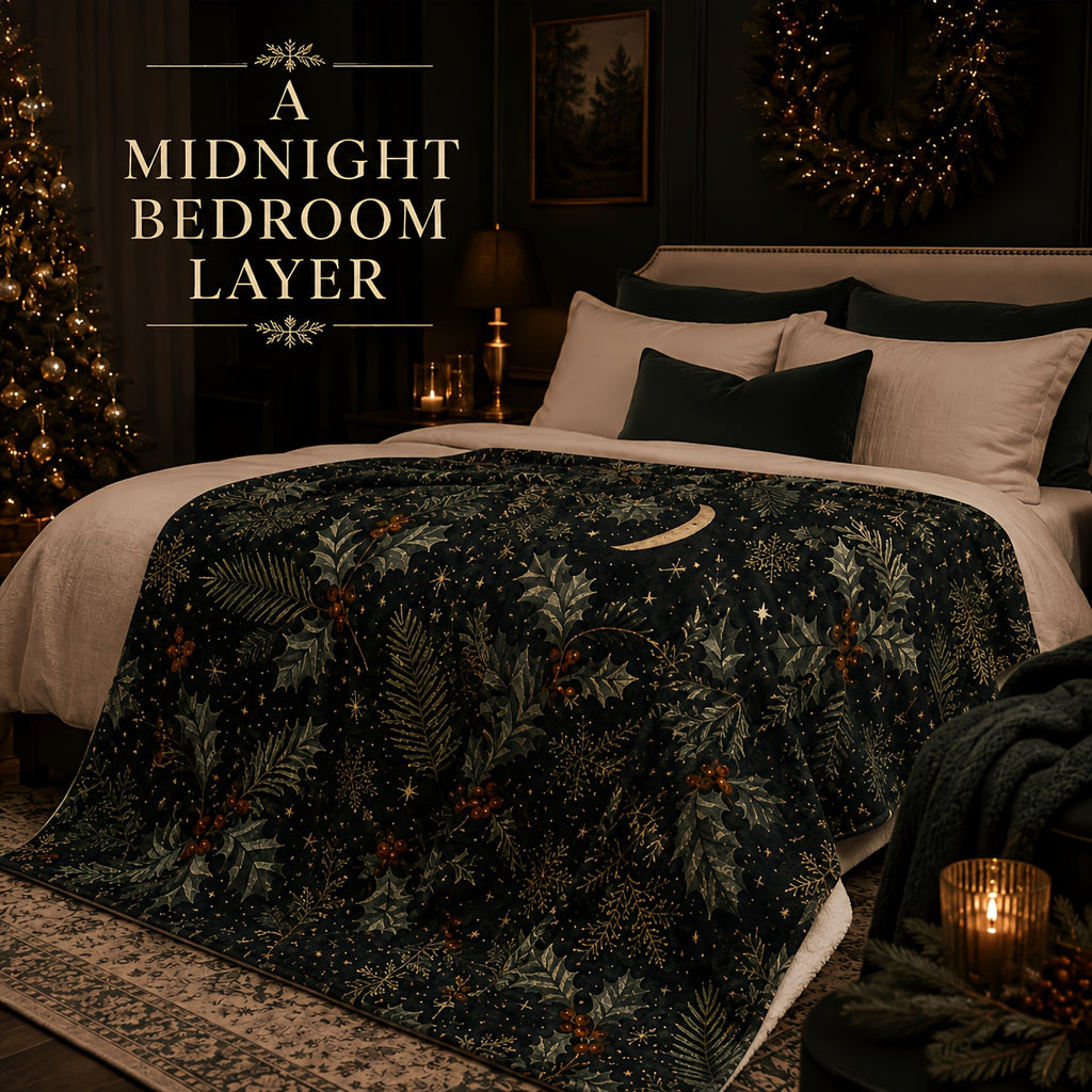 Blanket, Midnight Holly Forest Blanket Dark Holly Pine Branch Red Fruit Crescent Moon Living Room Sofa Bedroom Lunch Break Blanket