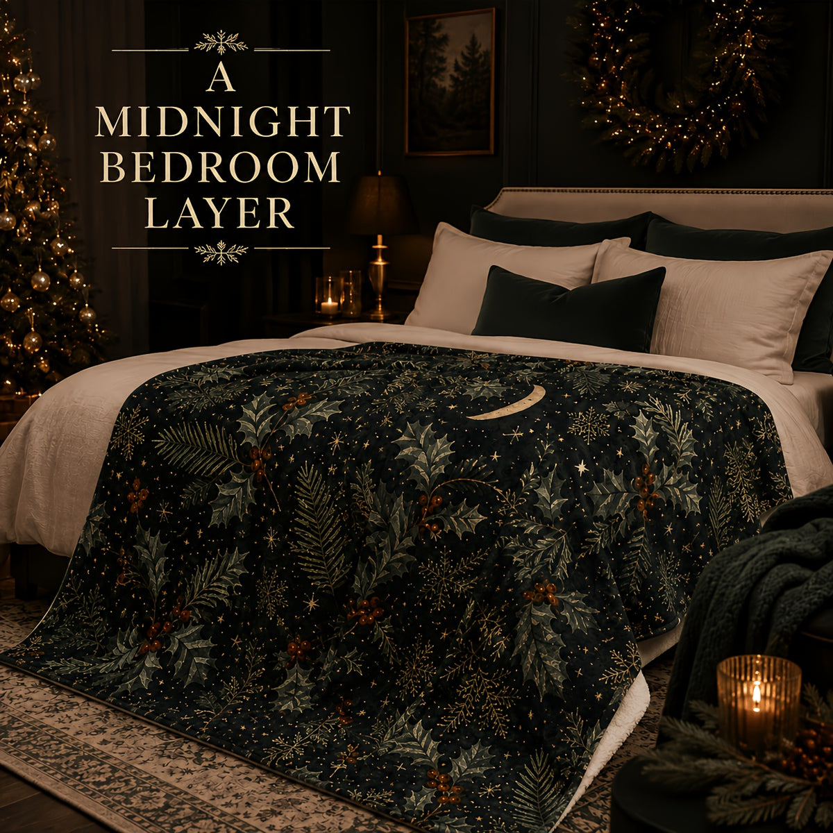 Blanket, Midnight Holly Forest Blanket Dark Holly Pine Branch Red Fruit Crescent Moon Living Room Sofa Bedroom Lunch Break Blanket