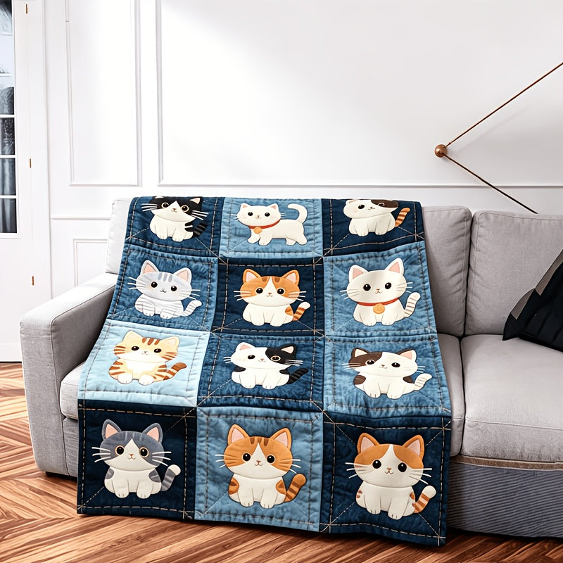 1pc Imitation Denim Patchwork Cute Cat Print, 2D Printed Ultra-Soft Flannel Blanket, Premium Plush Blanket, Lightweight Bed Blanket, Multi-Scene Use, Can Be Used as a Throw Blanket, Air Conditioning Blanket, Shawl Blanket, Travel Blanket, an Ideal