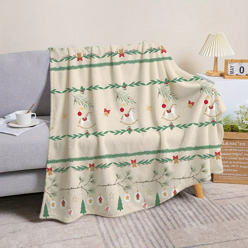 1pc Christmas Rocking Horse And Pine Branch Decor Flannel Blanket, Soft Comfortable Warm, Beige Festive Design, All-Season Sofa Blanket, Warm Cover, Multiple Sizes Available, Suitable for Living Room Sofa, Bedroom, Reading Corner, Leisure Time