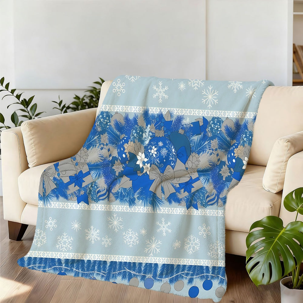 1pc Blue Christmas Ball and Snowflake Pattern Flannel Blanket, Soft, Comfortable, and Warm, with a Blue and White Silvery Design, a Four-season Universal Blanket, a Warm Throw Blanket, Available in Multiple Sizes, Suitable for Living Room Sofas