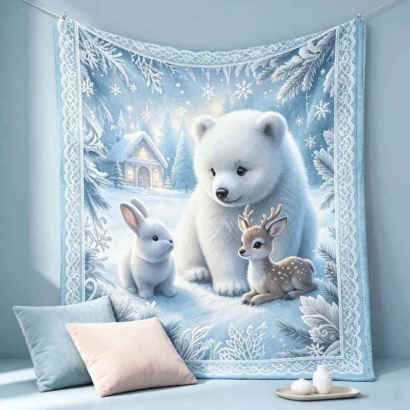 Winter Snow Scene, Polar Bear, Rabbit, Deer Print Fluorescent Flannel Blanket, Bedroom Living Room Sofa Blanket, Fluorescent Blanket, Machine Washable in All Seasons, Christmas, Halloween, Independence Day, Thanksgiving Gift Recommendation