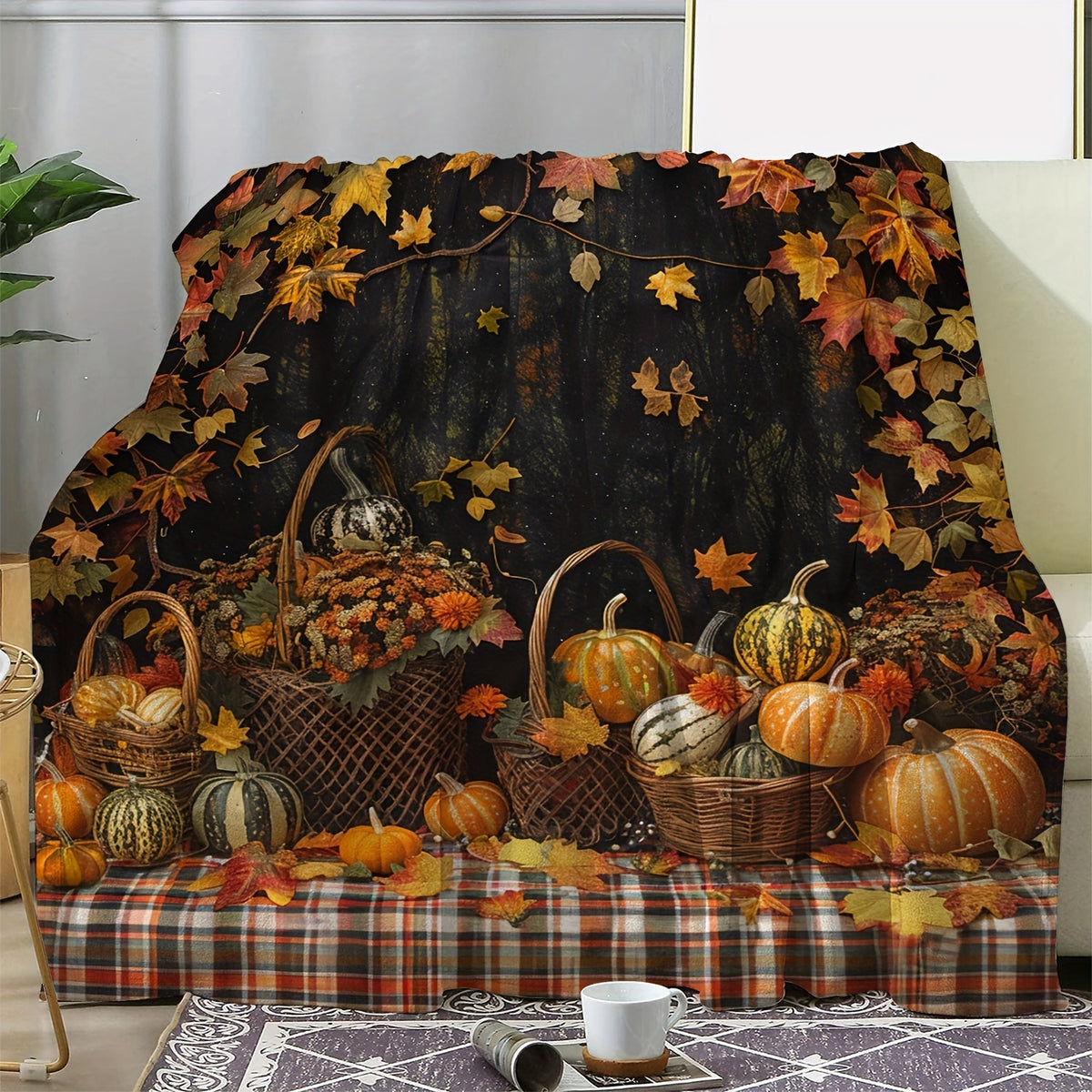 1pc, Autumn Harvest Themed Flannel Blanket with Pumpkin and Maple Leaf Pattern, Soft, Comfortable, and Warm, Black Base with Orange, Yellow, and Red Leaf Design, Durable Plush Surface, All-Season Sofa Blanket, Warm Throw Blanket, Multiple Sizes