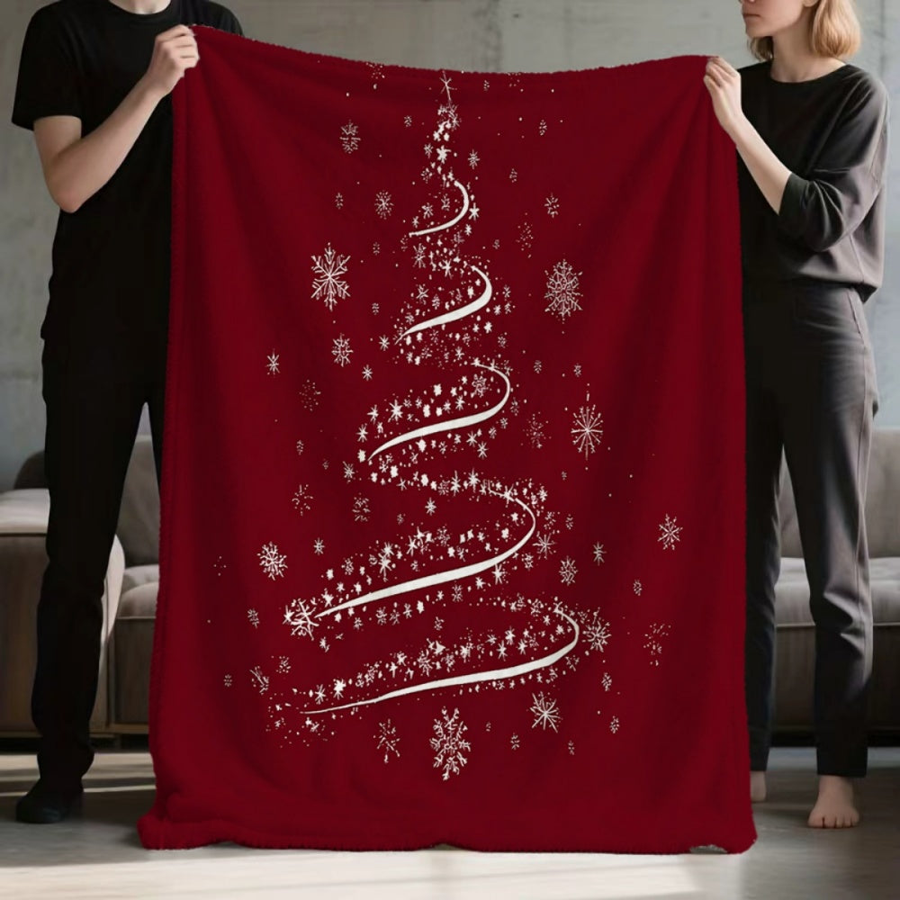 1pc Christmas Tree Snowflake Pattern Red Flannel Blanket, Soft Comfortable Warm, Winter Warm Blanket, Suitable for Living Room Sofa, Bedroom Sofa, Casual Reading, Holiday Decor, And Home Relaxation