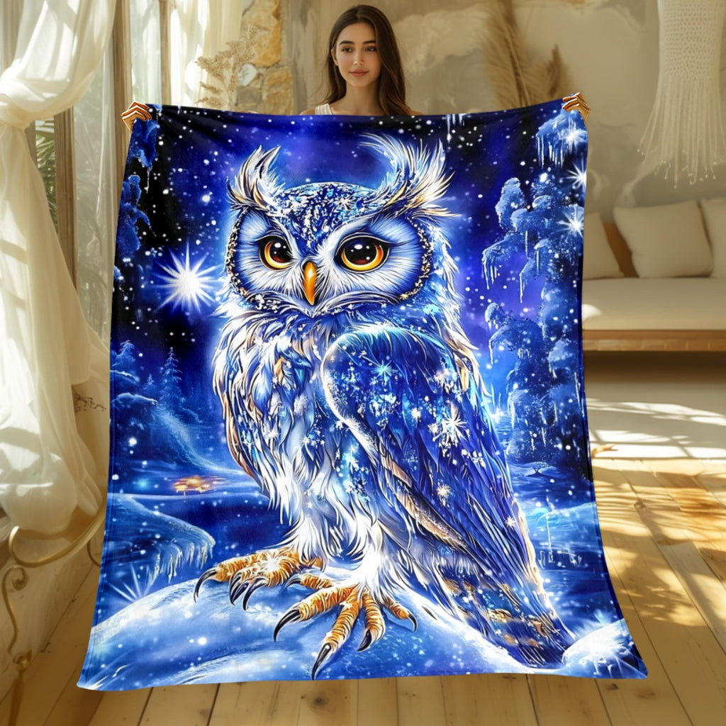 1pc 2D Flat-printed Blue Starry Night Snowy Owl Blanket, Soft Flannel Throw—dark Blue and White Design, Multiple Sizes Available. Suitable for Living Room Sofas, Bedroom, Reading Nooks, Leisure Time, and Holiday Decoration, 2D Flat