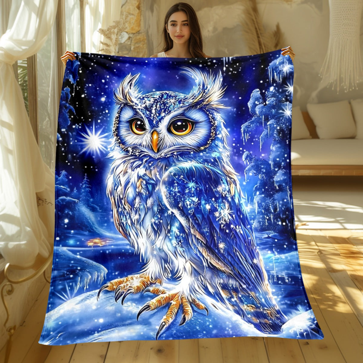 1pc 2D Flat-printed Blue Starry Night Snowy Owl Blanket, Soft Flannel Throw—dark Blue and White Design, Multiple Sizes Available. Suitable for Living Room Sofas, Bedroom, Reading Nooks, Leisure Time, and Holiday Decoration, 2D Flat