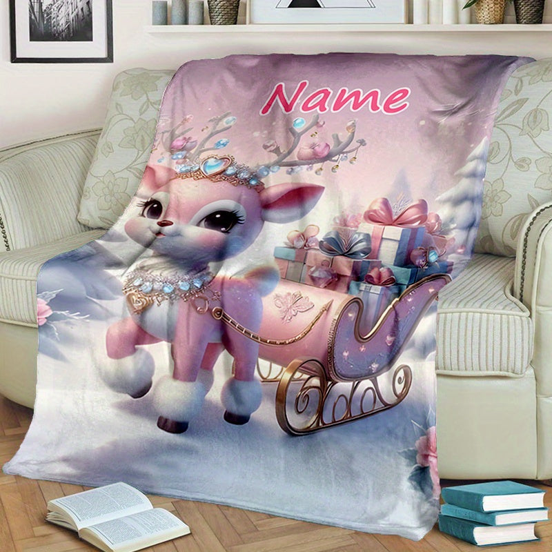 1pc Pink Reindeer Patterned Blanket, Christmas Theme Printed Design, Body Cover Blanket, Soft Fleece Plush, Lightweight And Durable, Multiple Sizes Available, Suitable for Holiday Decor, Living Room Leisure, Bedroom Warmth, Study Reading