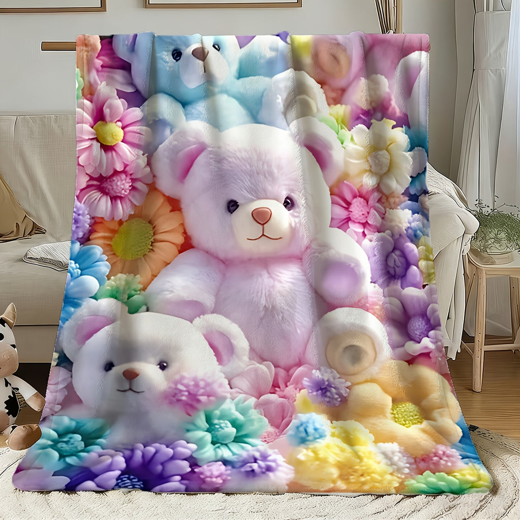 1pc 2D Flat Printing, Cute Teddy Bear And Colorful Flowers Blanket, Soft Fleece Blanket - Pink And Rainbow Design, Multiple Sizes Available, Suitable for Bedroom, Living Room, Sofa, And Casual Reading