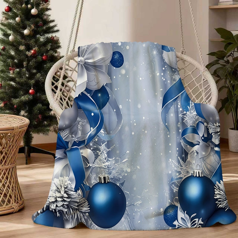 1pc 2D Flat Print Blue and Silvery Christmas Ball with Bow Flannel Blanket, Soft Flannel Throw—blue and Silvery Primary Color Design, Multiple Sizes Available, Suitable for Living Room Sofas, Bedroom, Leisure Reading, Holiday Decoration