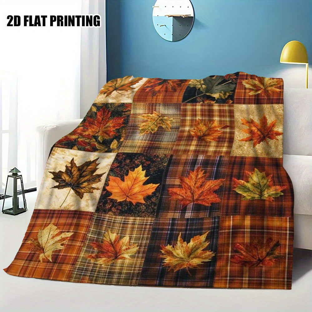 1pc Autumn Maple Leaf and Plaid Patchwork Flannel Blanket, Soft, Comfortable, and Warm, Orange-Yellow-Brown Plaid Design, Durable Plush Surface, All-Season Universal Bed Blanket, Warm Throw Blanket, Multiple Sizes Available, Suitable for Living Room