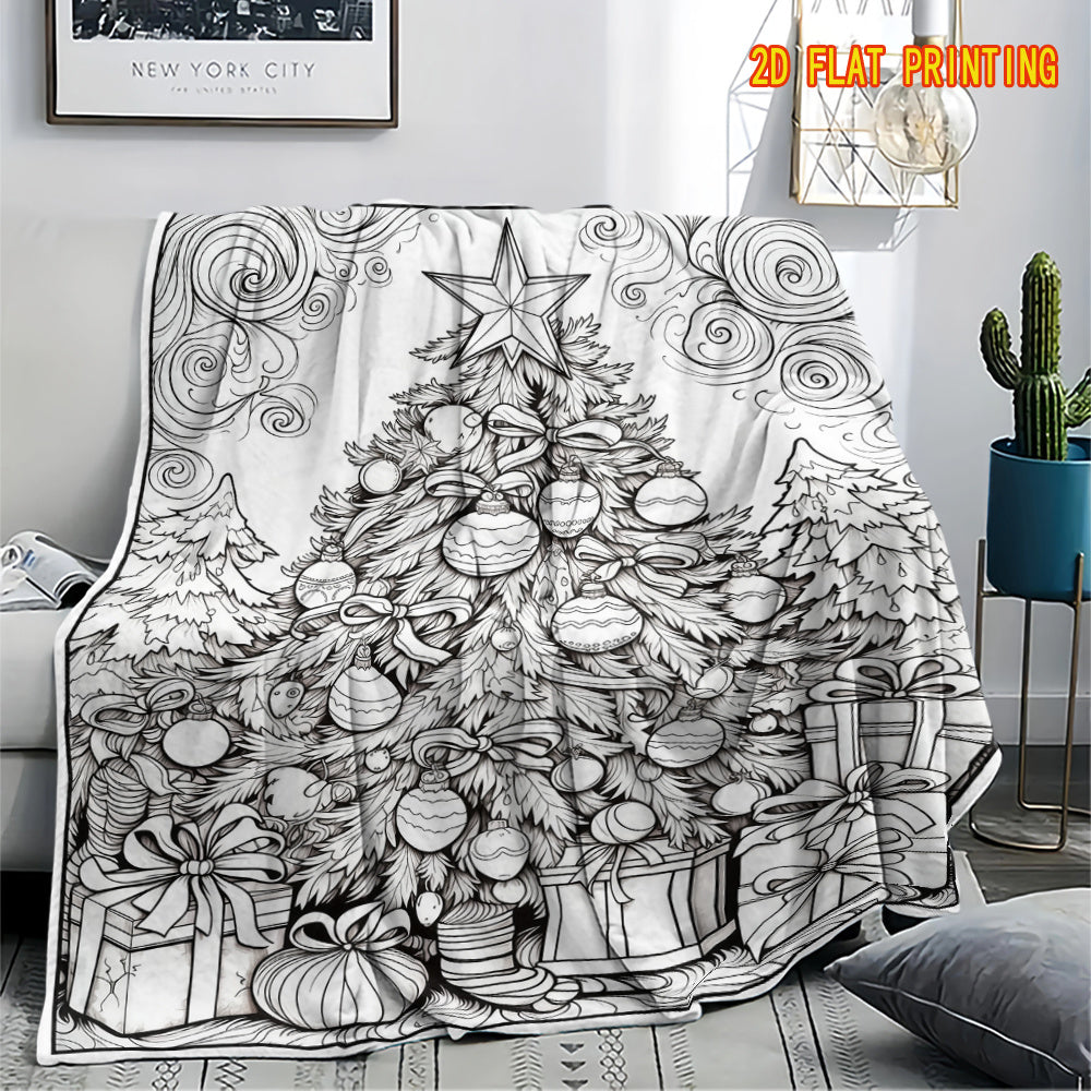 A Color-Filled And Decompressed Hand-Painted Wind Blanket - Christmas Tree Gift Flannel Blanket, The Christmas Tree Covered with Colored Ball Bows Is in The Center of The Picture, Gift Boxes And Christmas Socks Are Placed Under The Tree